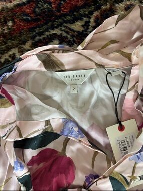 Ted Baker Pink Floral Silk Top with Multicolor Blooms Self tie button up